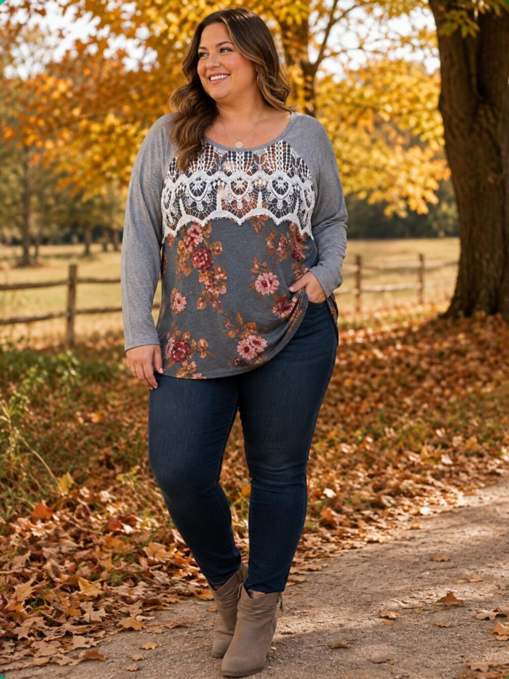 MAURICES Long Sleeve Scoop Neck Gray w/Lace Front & Florals Sweater NWOT 2X